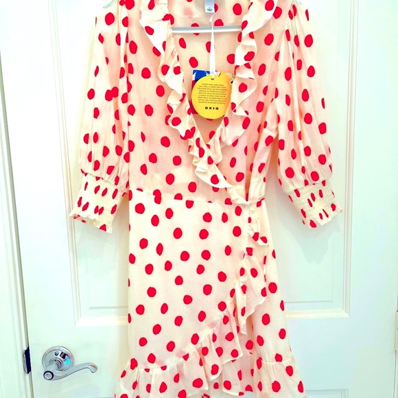 NWT, RIXO polka dot puff sleeve ruffle wrap dress - Picture 7 of 10
